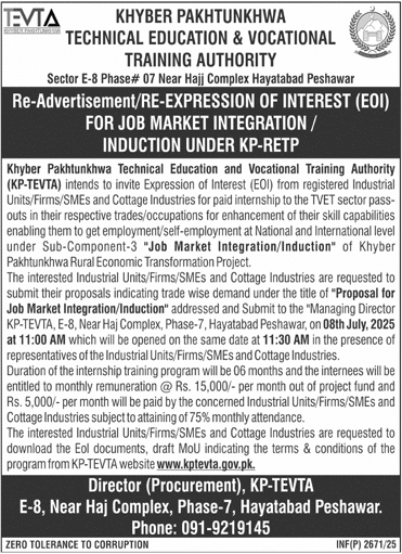Khyber Pakhtunkhwa Technical Education & Vocational Training Authority Peshawar Tender Notice
